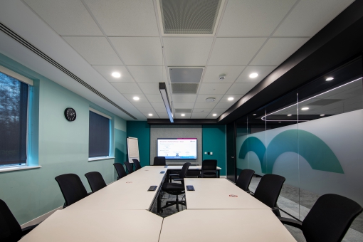 Boardroom with Yamaha ADECIA ceiling microphones installed for the Openwork Partnership Swindon.