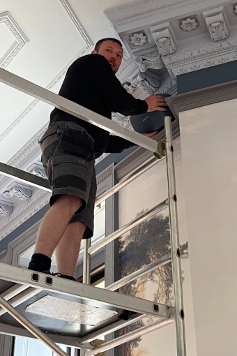 Installing biamp speakers in Hartham Park's impressive ball room.