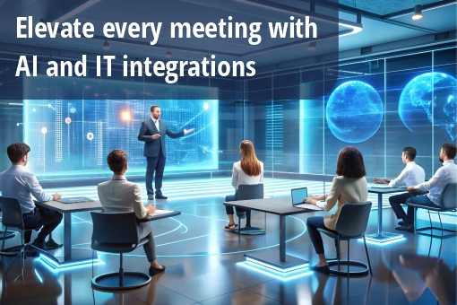 AI generate image showing a futuristic meeting in place. Caption: How AI & IT integrations ca n elevate meetings, cut costs and future-proof your business.