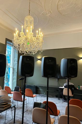 Genelec loudspeakers mounted on stands for a flexible mobile solution in the Mary Brancker meeting room, BVA London.