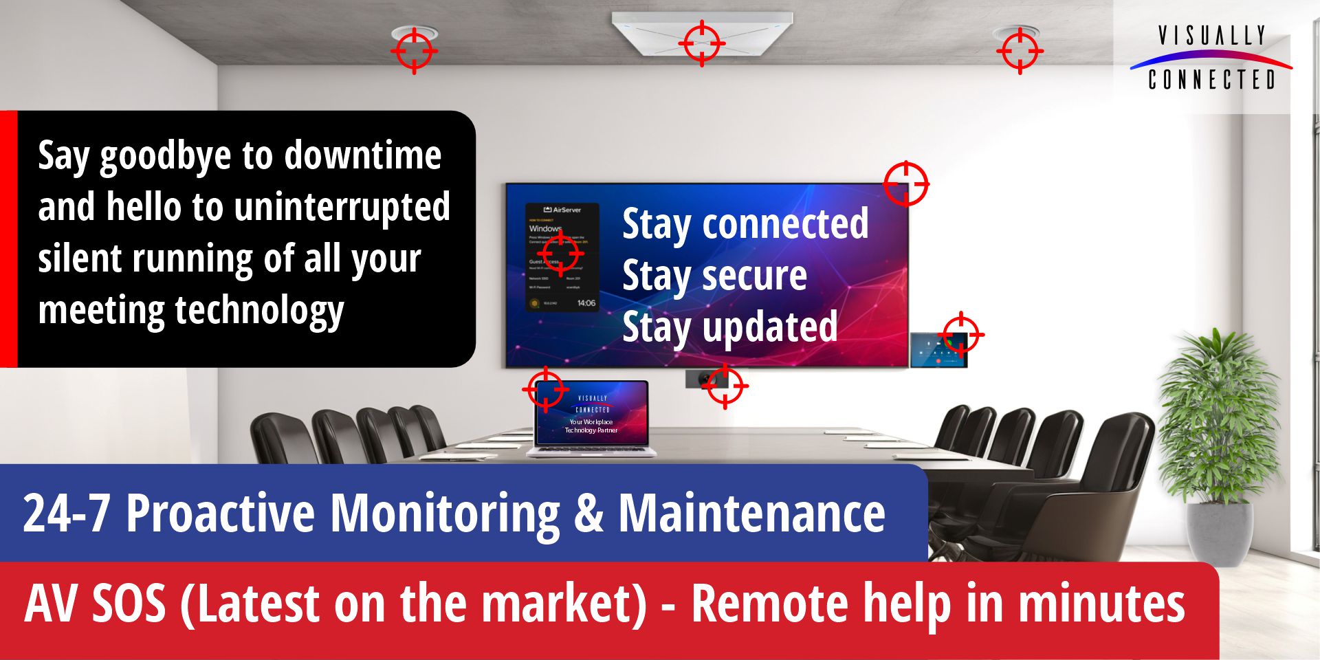 Save time, stave money with 24-7 proactive monitoring and maintenance for all your meeting technology.