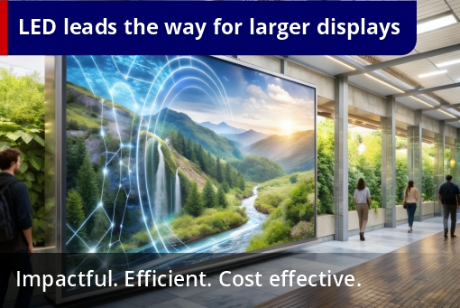 Large LED screen in an airport showing a green valley. LED leads the way for large displays. Impactful, efficient and cost-effective.
