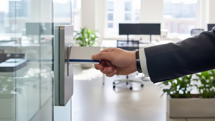 Man using a key card for access control to enter a meeting room