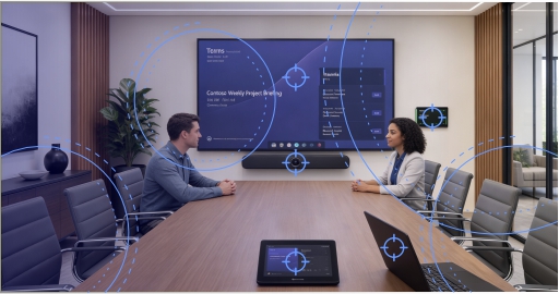 Two professional people are in a meeting room showing AV devices being remotely monitored.