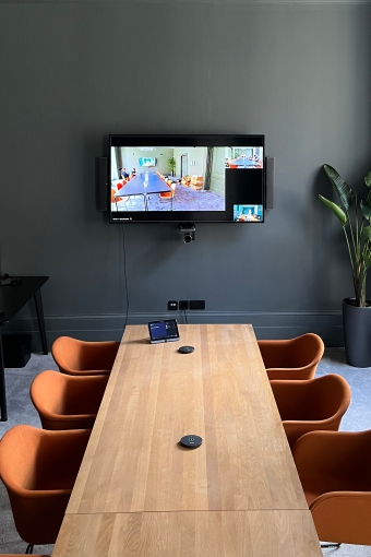Large meeting room showing video conferencing equipment in Grade II listed building - headquarters of the BVA.