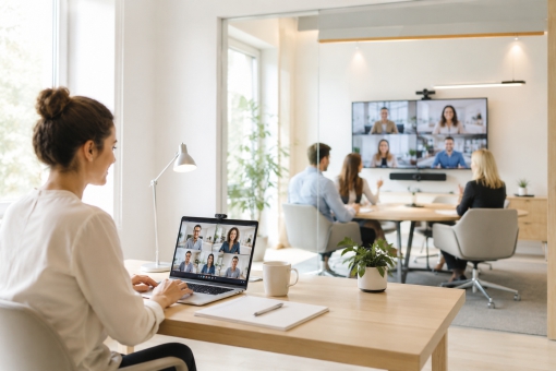 Colleague on a laptop on a Teams call. In the background there is a team on video conference call with remote colleagues. Hybrid working concept.