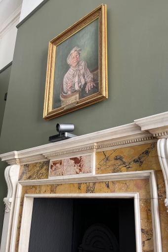 Mary Brancker room at BVA headquarters in London. AV equipment on  ornate mantlepiece.
