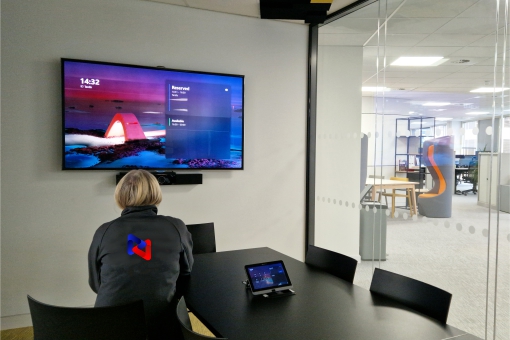 Sussi in BCS Swindon meeting room testing video conferencing technology.