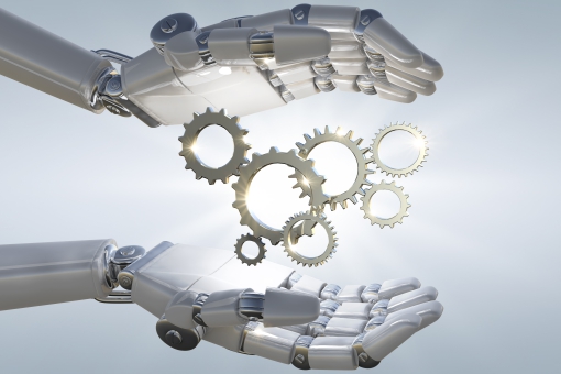 Technology automation concept. Robot hands and metal cogs.