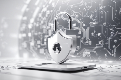 Cyber security concept. Tablet device with security lock and network background.