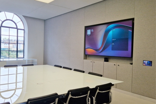 Boardroom audio visual solutions Large 16 person meeting room with high quality display, video conferencing and Teams room console
