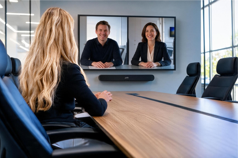 Woman on a Team call Professional woman in a board room engaged in a video conference.