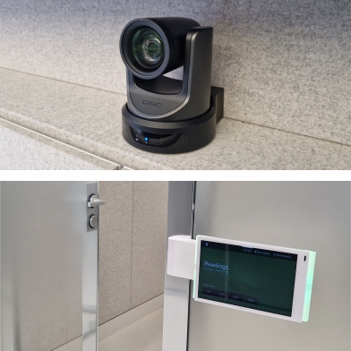 camera and room booking console Video conferencing camera and room booking console outside a meeting room
