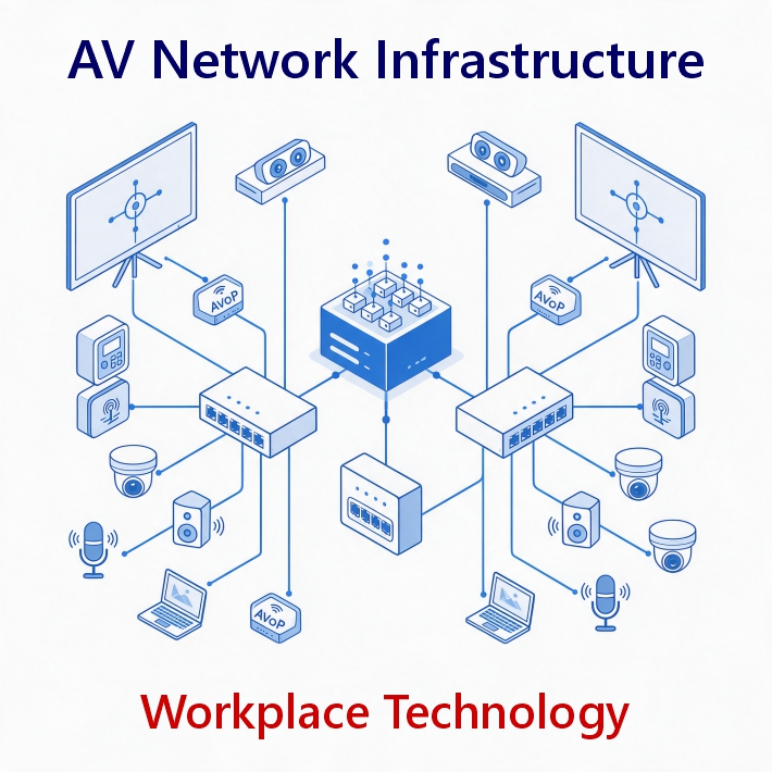AV Network infrastructure diagram for workplace technology